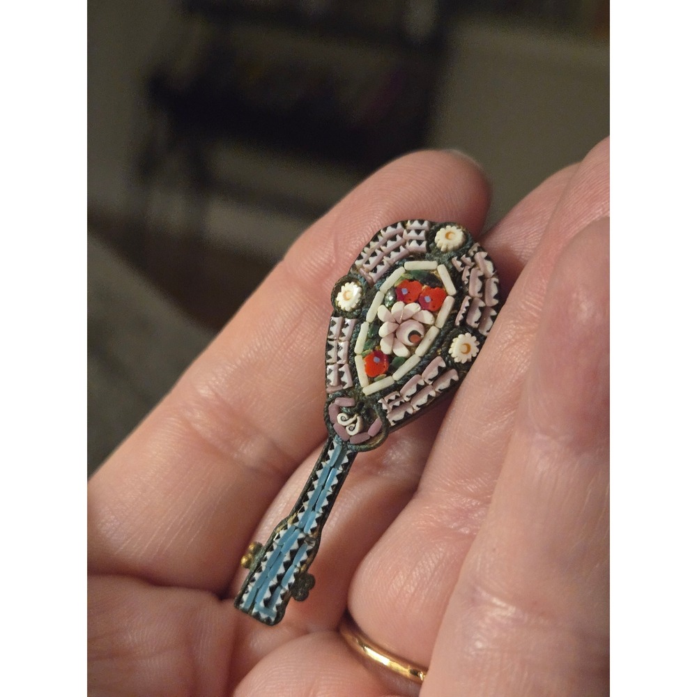 Mandoline Micromosaic Antique Brooch Late 19th Century Signed Italy Musical